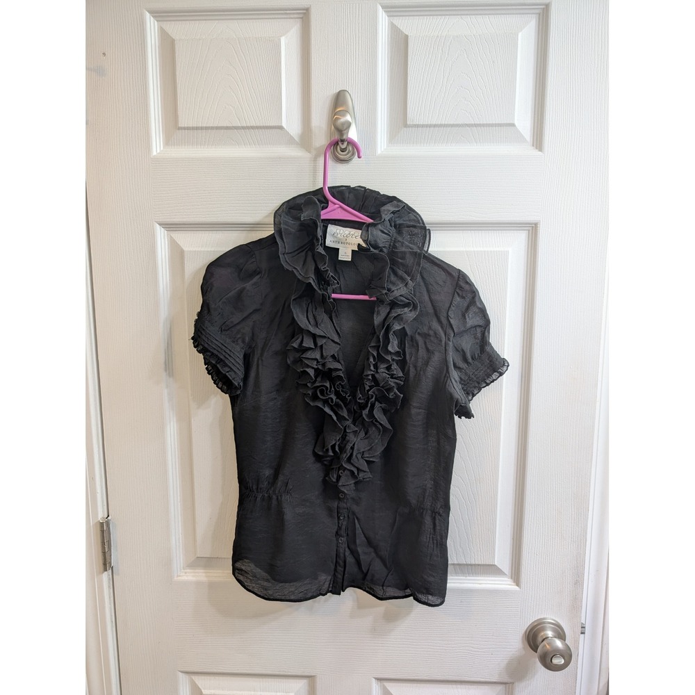 Mare Mare x Anthropologie Black Ruffle Button Front Short Sleeve Blouse - Size S